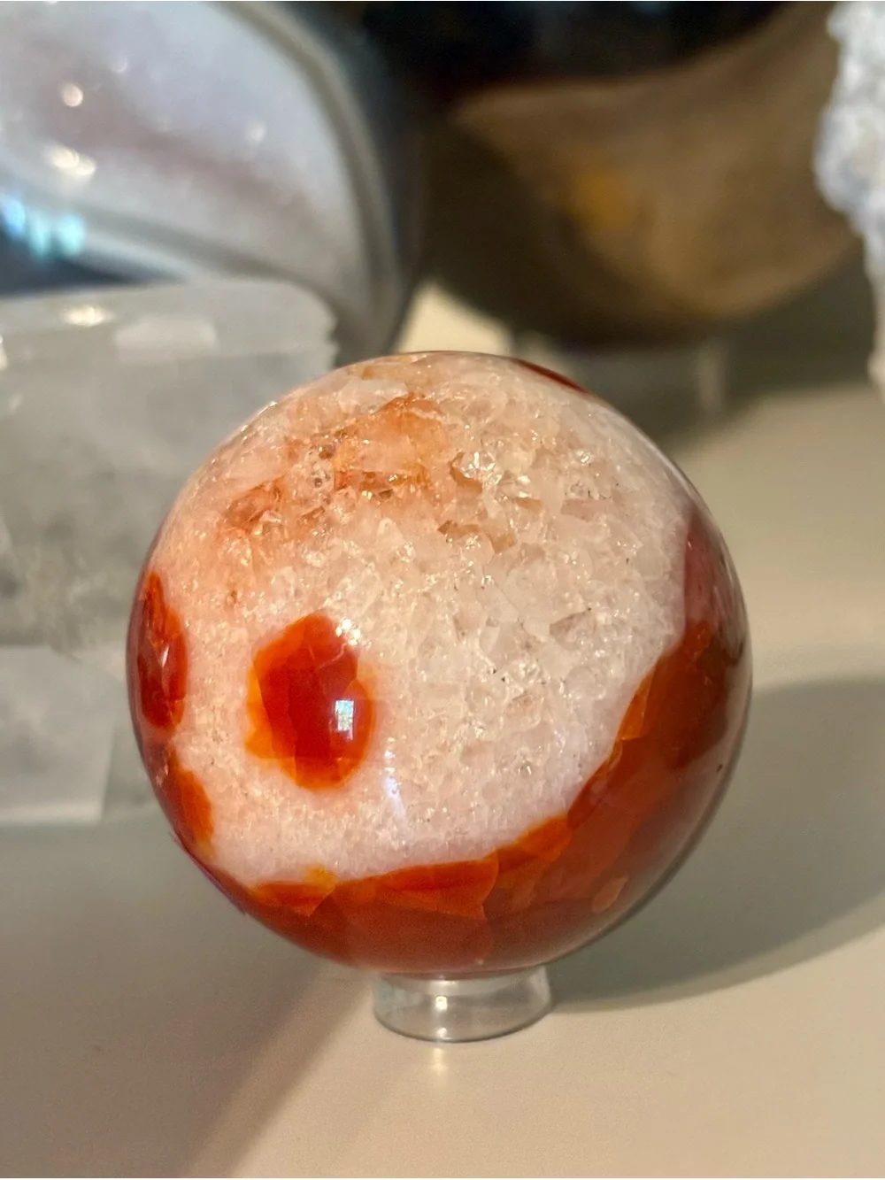 Red Ocean Jasper Sphere with Druzy Pockets – Orbicular Crystal Sphere w Stand